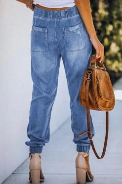 Hot Dear-Lover Pocketed Distressed Denim Joggers Sky Blue