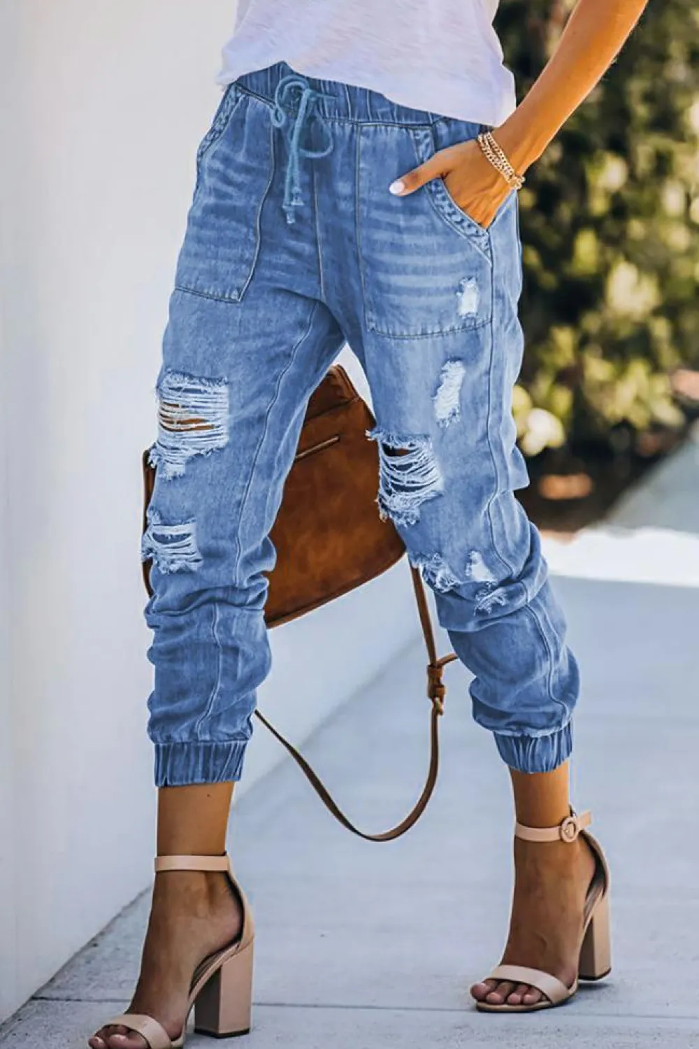 Hot Dear-Lover Pocketed Distressed Denim Joggers Sky Blue