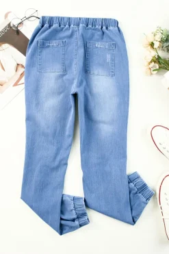 Hot Dear-Lover Pocketed Distressed Denim Joggers Sky Blue
