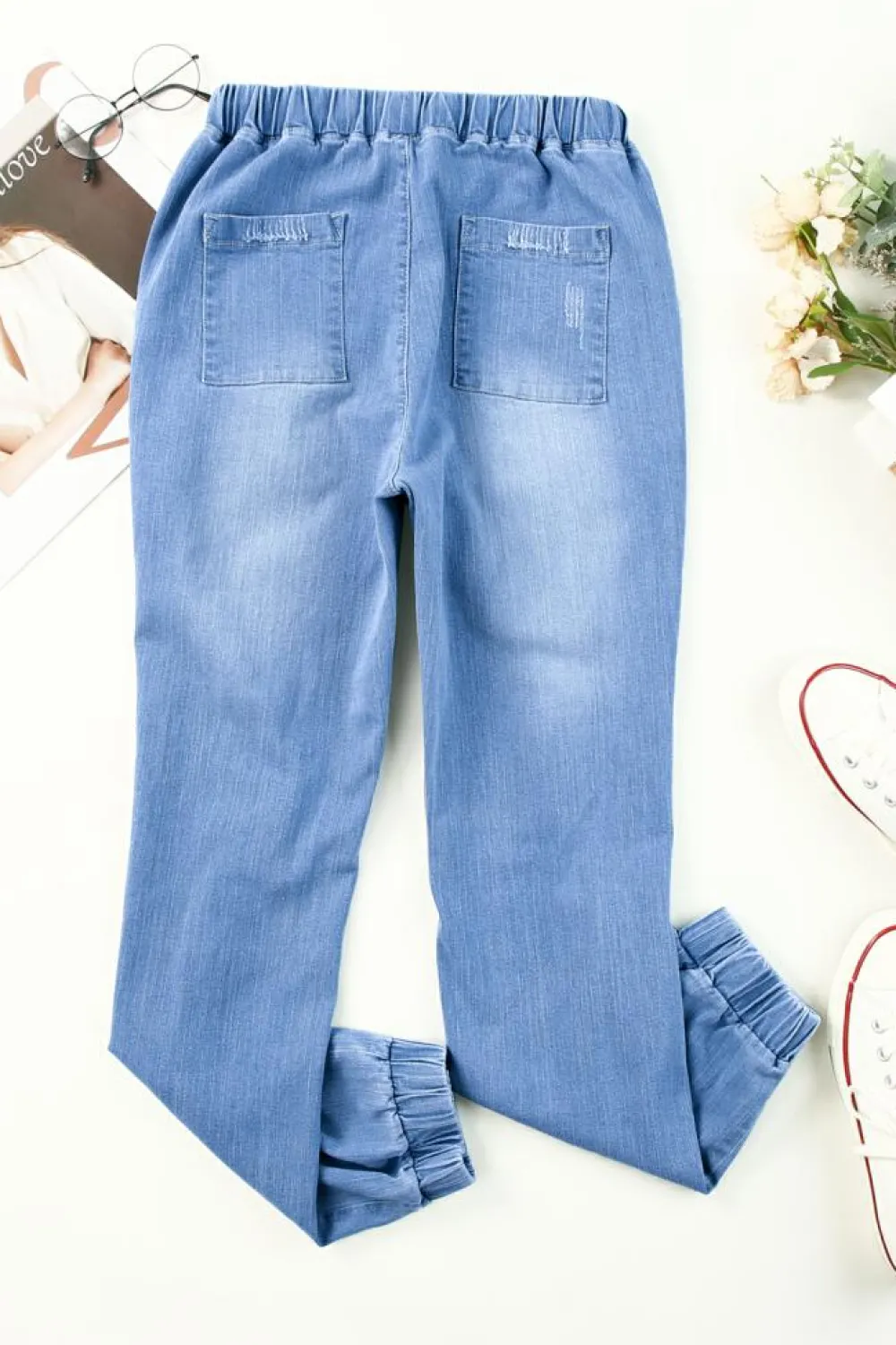 Hot Dear-Lover Pocketed Distressed Denim Joggers Sky Blue