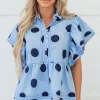 Discount Dear-Lover Polka Dot Print Ruffled Short Sleeve Buttoned Collared Blouse Sky Blue