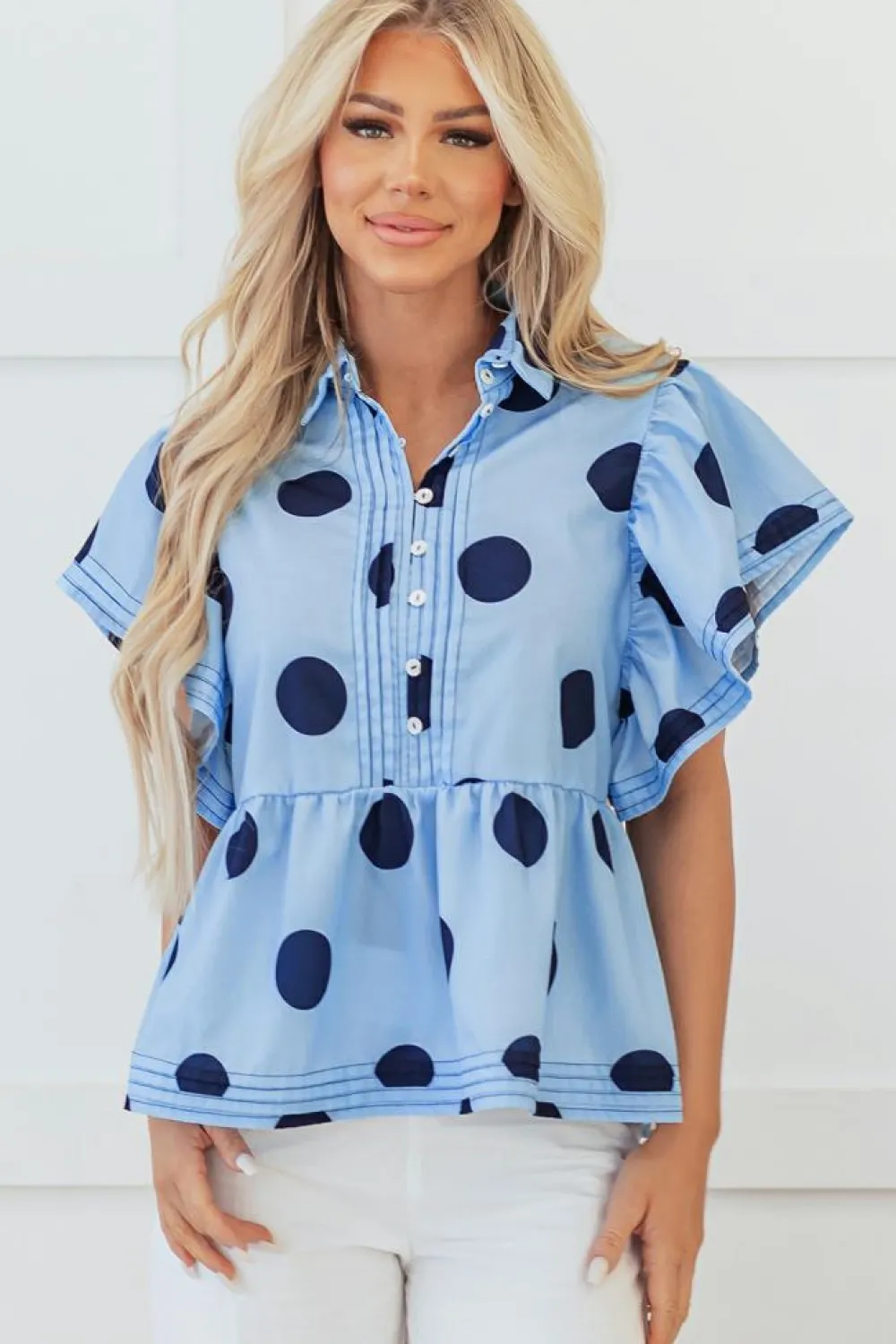Discount Dear-Lover Polka Dot Print Ruffled Short Sleeve Buttoned Collared Blouse Sky Blue