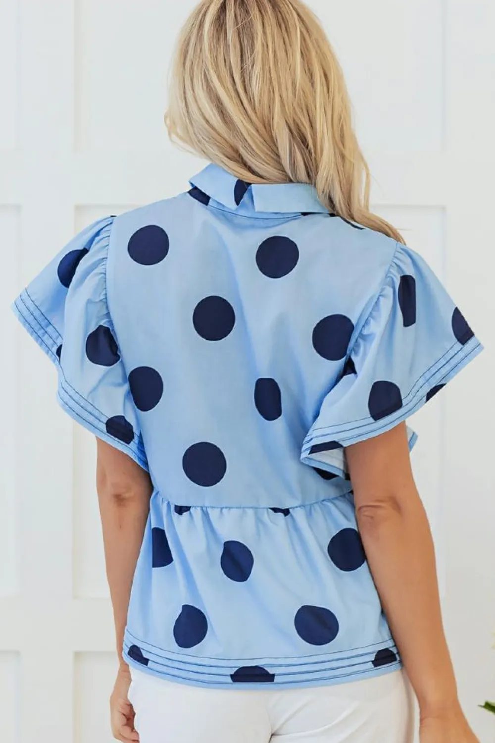 Discount Dear-Lover Polka Dot Print Ruffled Short Sleeve Buttoned Collared Blouse Sky Blue