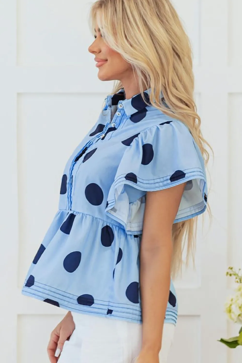 Discount Dear-Lover Polka Dot Print Ruffled Short Sleeve Buttoned Collared Blouse Sky Blue