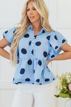Discount Dear-Lover Polka Dot Print Ruffled Short Sleeve Buttoned Collared Blouse Sky Blue