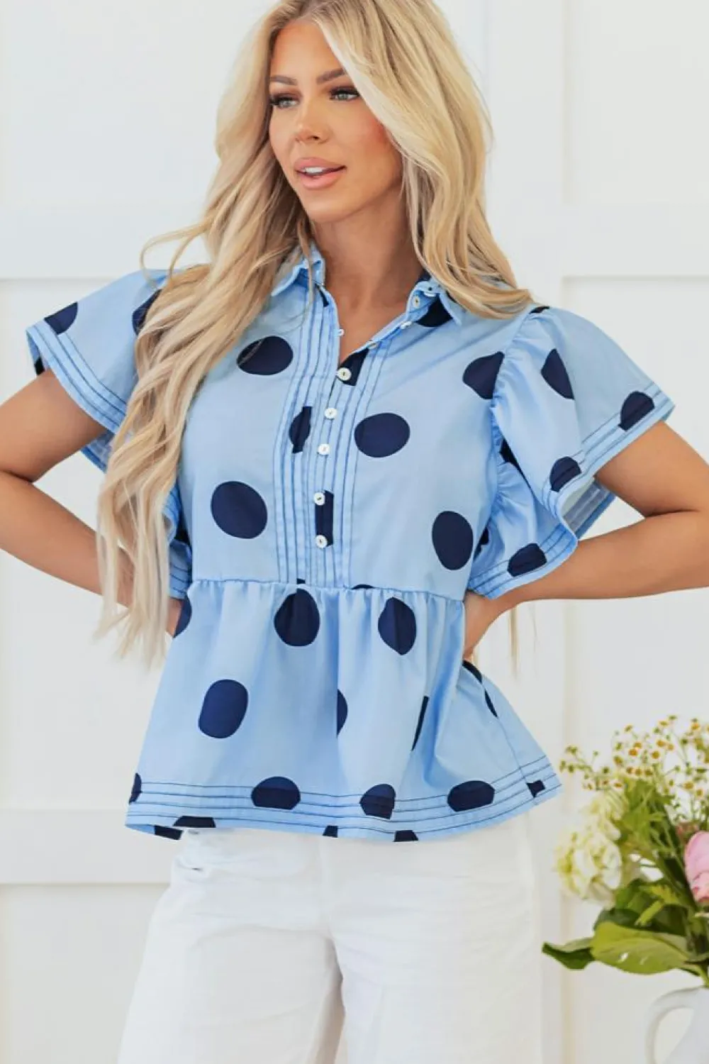 Discount Dear-Lover Polka Dot Print Ruffled Short Sleeve Buttoned Collared Blouse Sky Blue