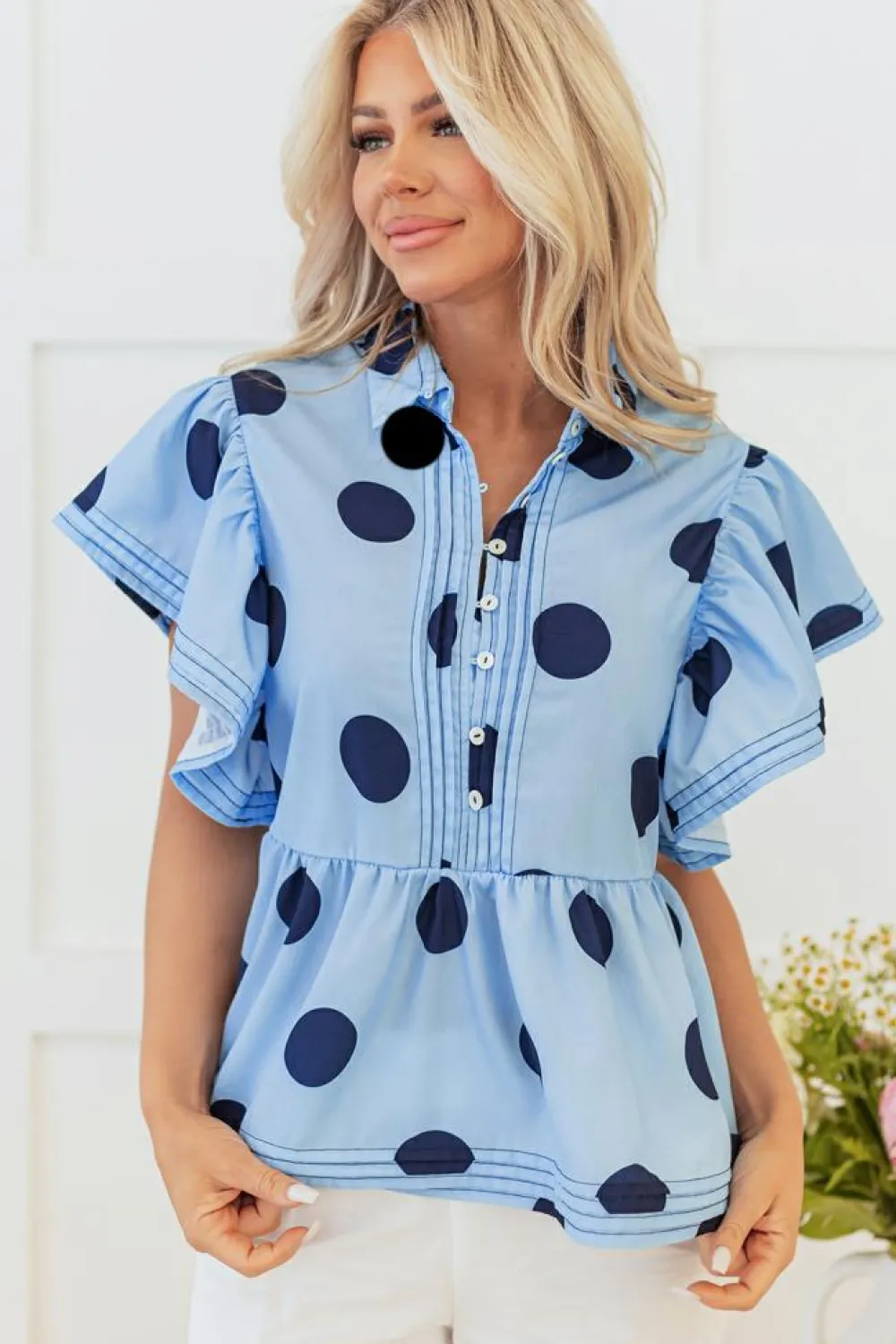 Discount Dear-Lover Polka Dot Print Ruffled Short Sleeve Buttoned Collared Blouse Sky Blue