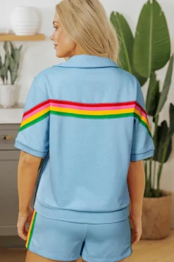 Hot Dear-Lover Rainbow Colorblock Collared Short Sleeve Top 2 Piece Shorts Set Sky Blue