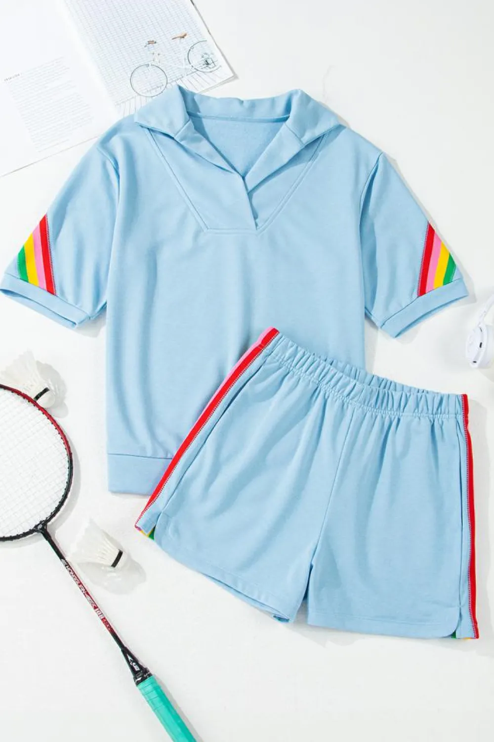 Hot Dear-Lover Rainbow Colorblock Collared Short Sleeve Top 2 Piece Shorts Set Sky Blue