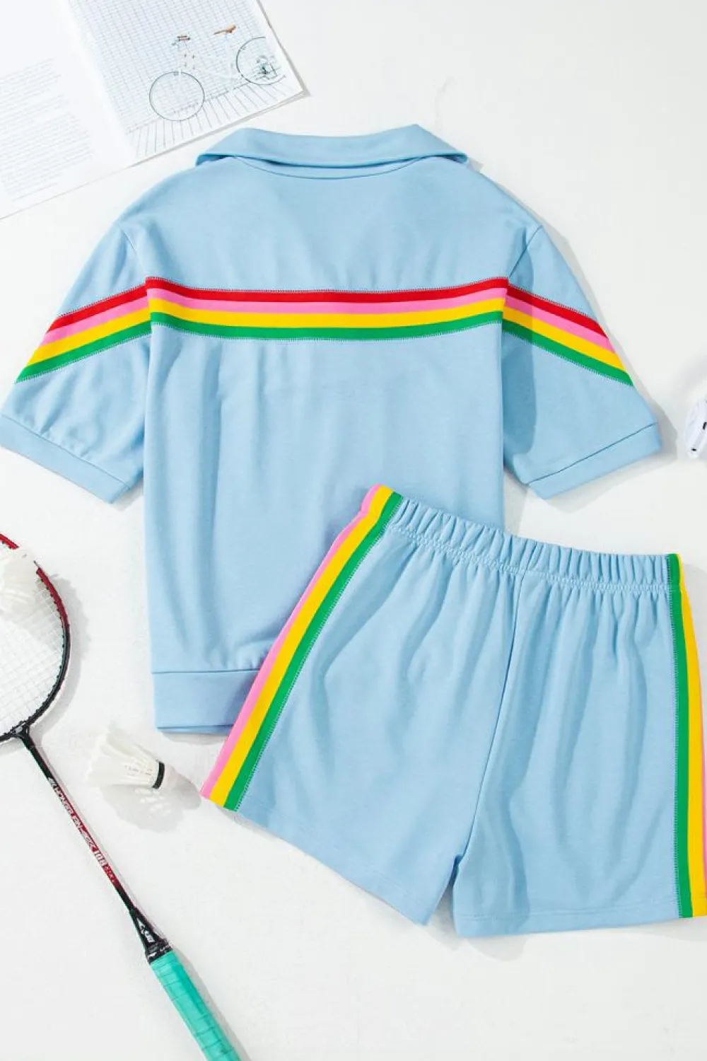 Hot Dear-Lover Rainbow Colorblock Collared Short Sleeve Top 2 Piece Shorts Set Sky Blue