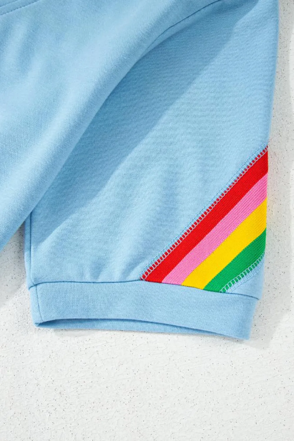 Hot Dear-Lover Rainbow Colorblock Collared Short Sleeve Top 2 Piece Shorts Set Sky Blue