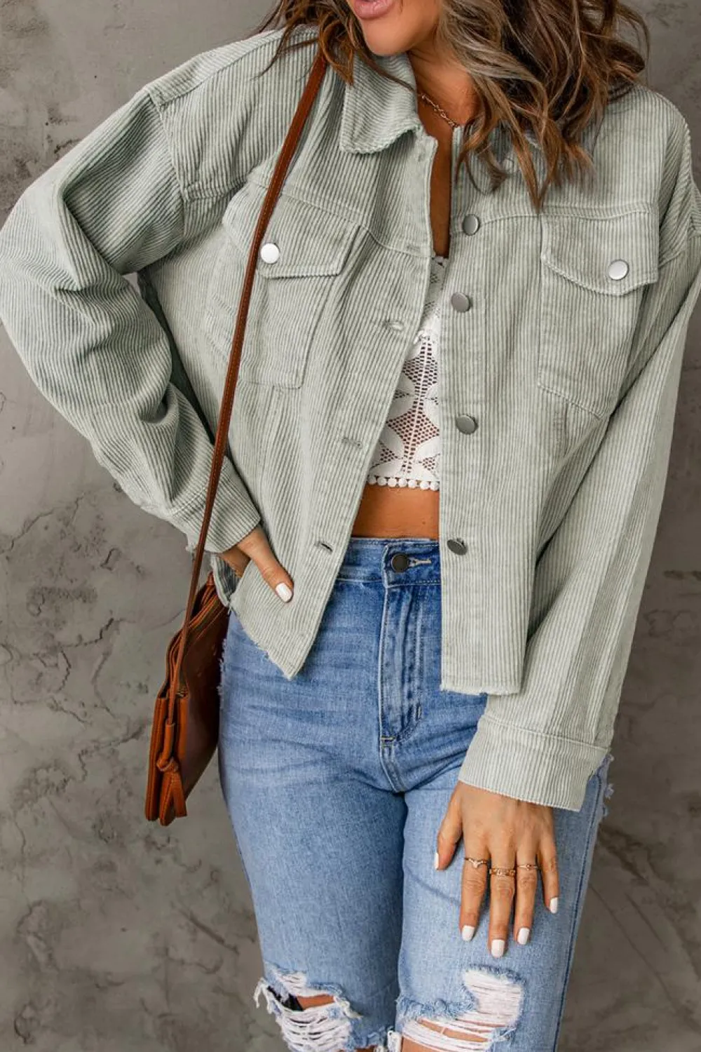 Clearance Dear-Lover Raw Hem Flap Pockets Cropped Corduroy Jacket Sky Blue