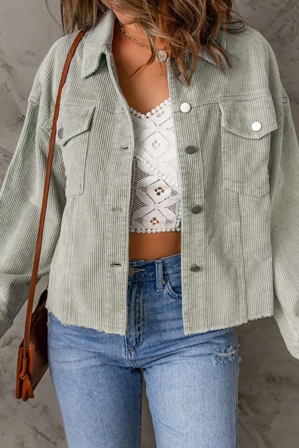 Clearance Dear-Lover Raw Hem Flap Pockets Cropped Corduroy Jacket Sky Blue