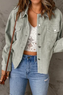 Clearance Dear-Lover Raw Hem Flap Pockets Cropped Corduroy Jacket Sky Blue