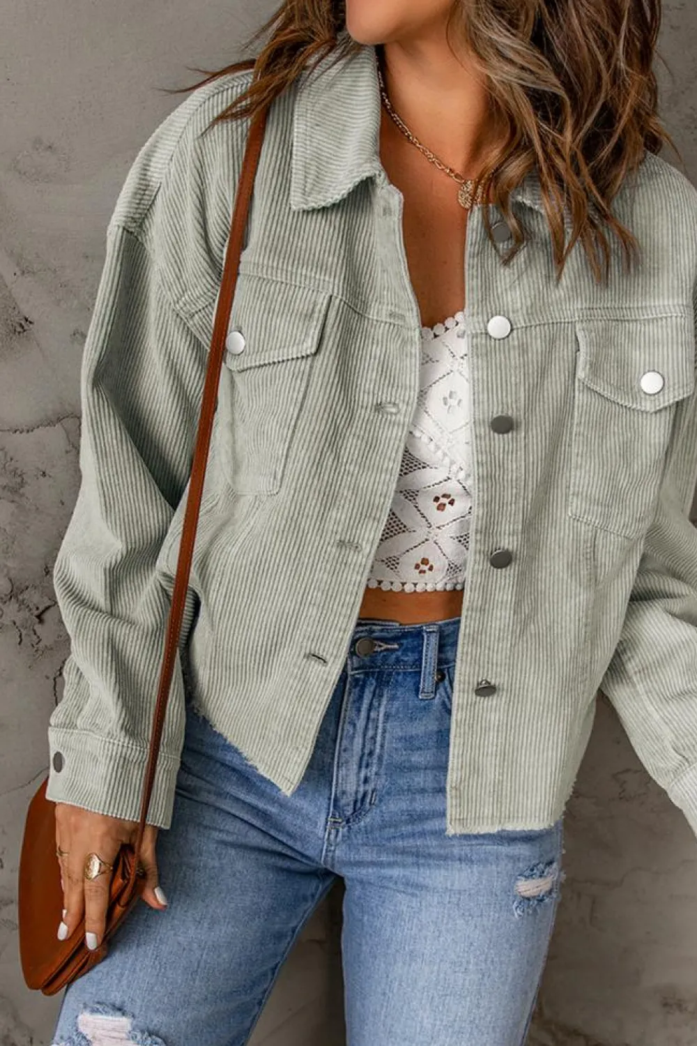 Clearance Dear-Lover Raw Hem Flap Pockets Cropped Corduroy Jacket Sky Blue