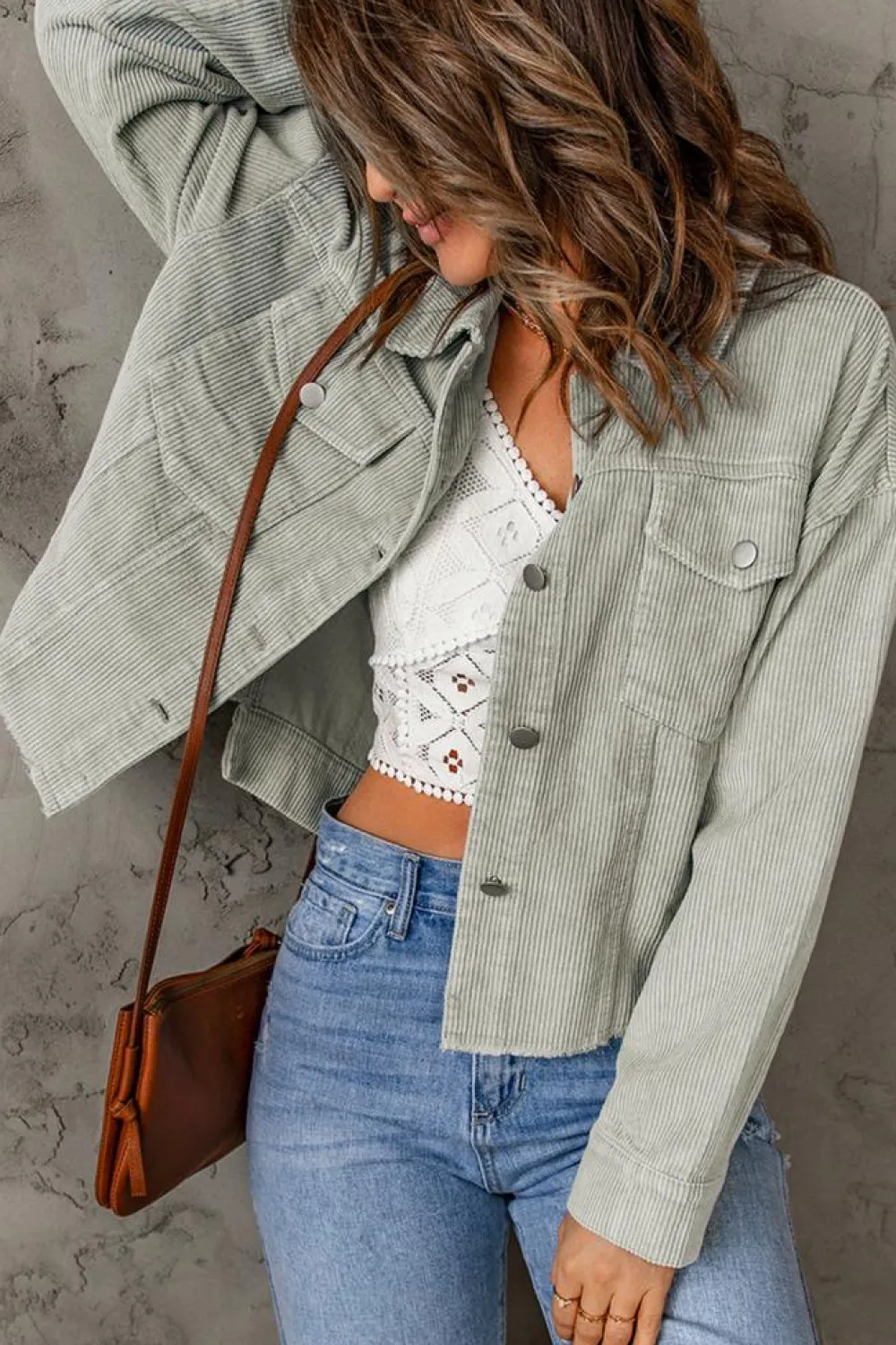 Clearance Dear-Lover Raw Hem Flap Pockets Cropped Corduroy Jacket Sky Blue