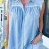 Hot Dear-Lover Ric Rac Trim Frilly Sleeveless Shirt Sky Blue