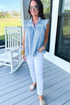 Hot Dear-Lover Ric Rac Trim Frilly Sleeveless Shirt Sky Blue