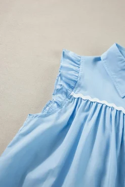 Hot Dear-Lover Ric Rac Trim Frilly Sleeveless Shirt Sky Blue