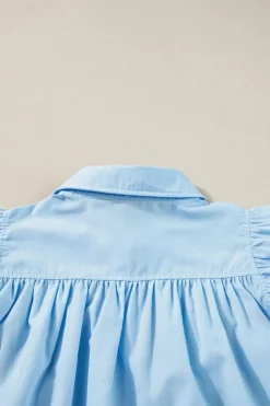 Hot Dear-Lover Ric Rac Trim Frilly Sleeveless Shirt Sky Blue