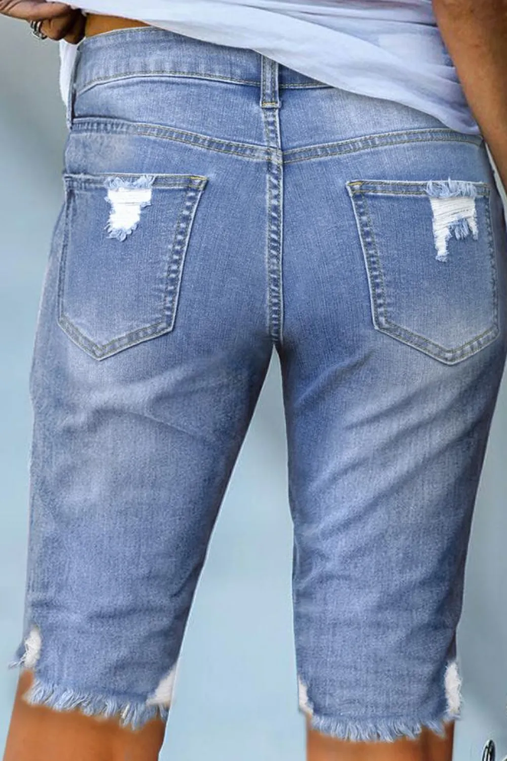 Fashion Dear-Lover Ripped Tassel Bermuda Denim Shorts Sky Blue