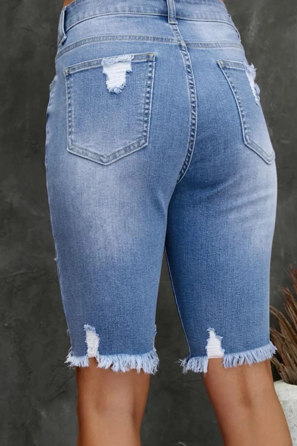Fashion Dear-Lover Ripped Tassel Bermuda Denim Shorts Sky Blue