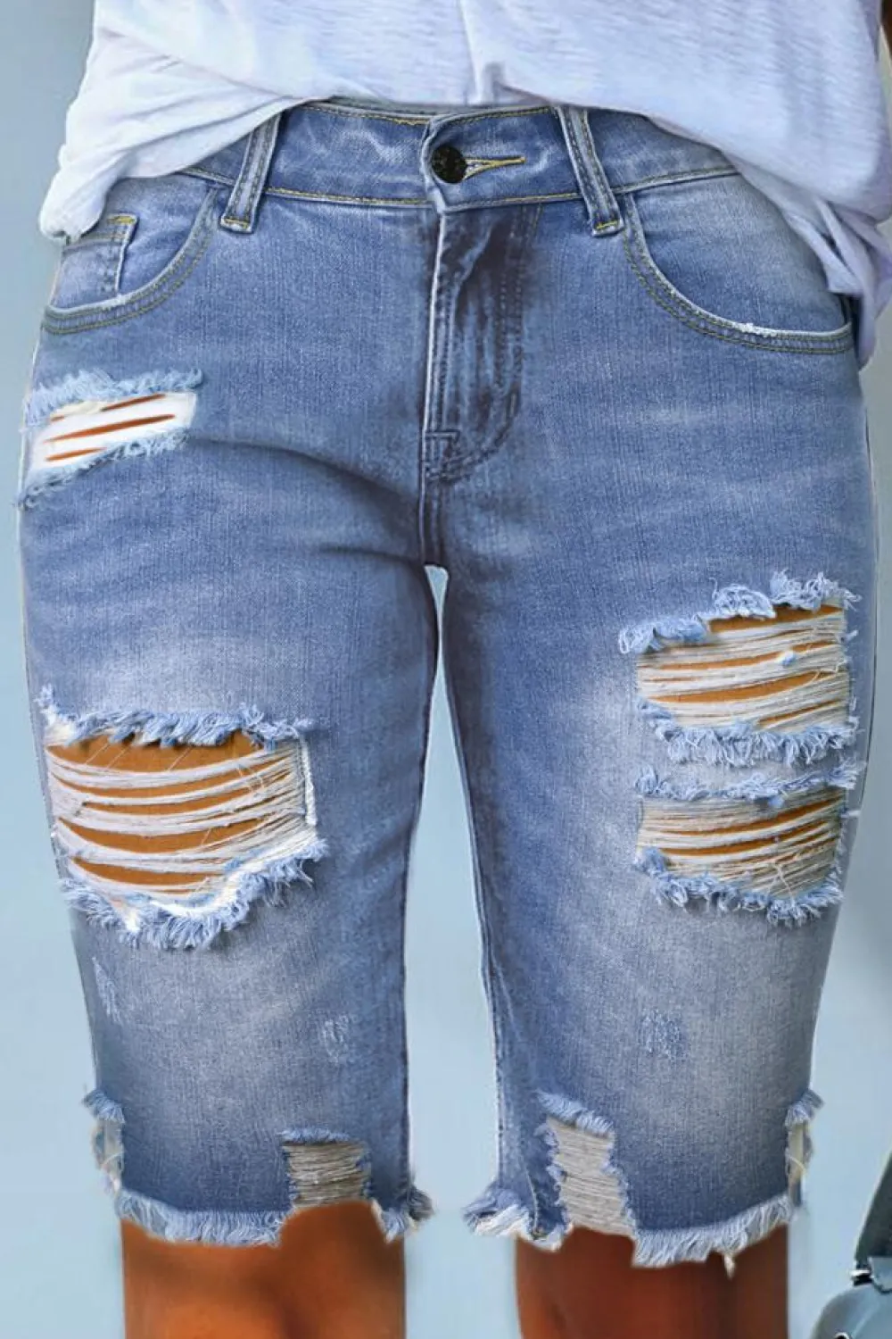 Fashion Dear-Lover Ripped Tassel Bermuda Denim Shorts Sky Blue