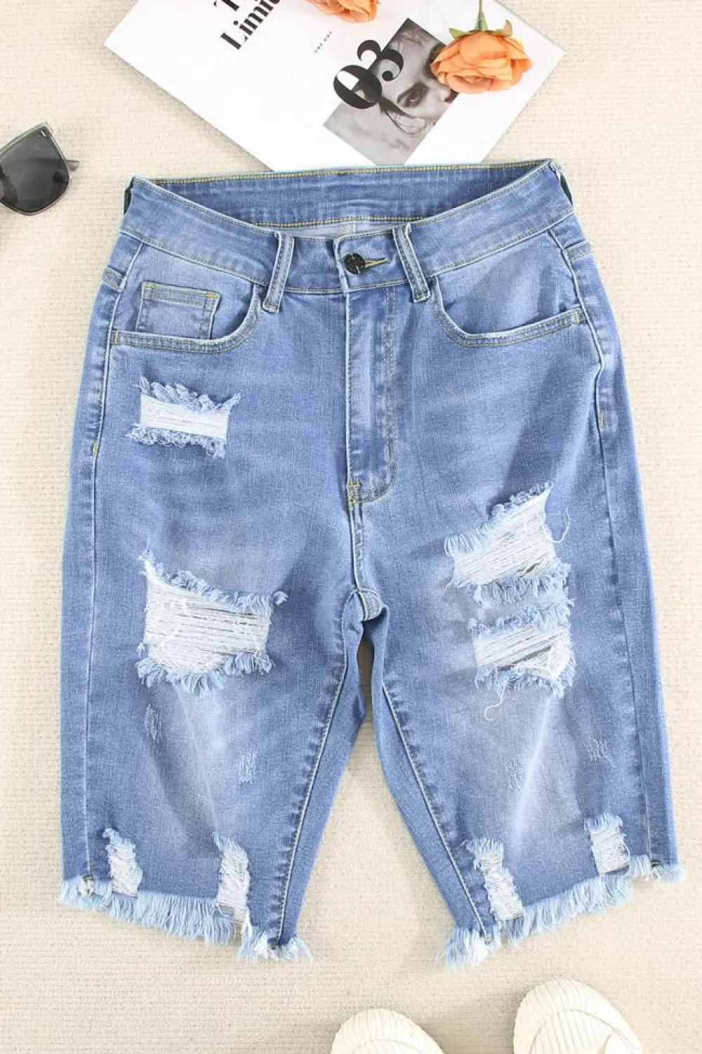 Fashion Dear-Lover Ripped Tassel Bermuda Denim Shorts Sky Blue