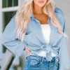 Sale Dear-Lover Roll Tab Sleeve Ribbed Cording Shacket Sky Blue