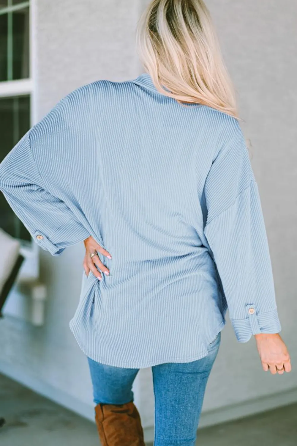 Sale Dear-Lover Roll Tab Sleeve Ribbed Cording Shacket Sky Blue