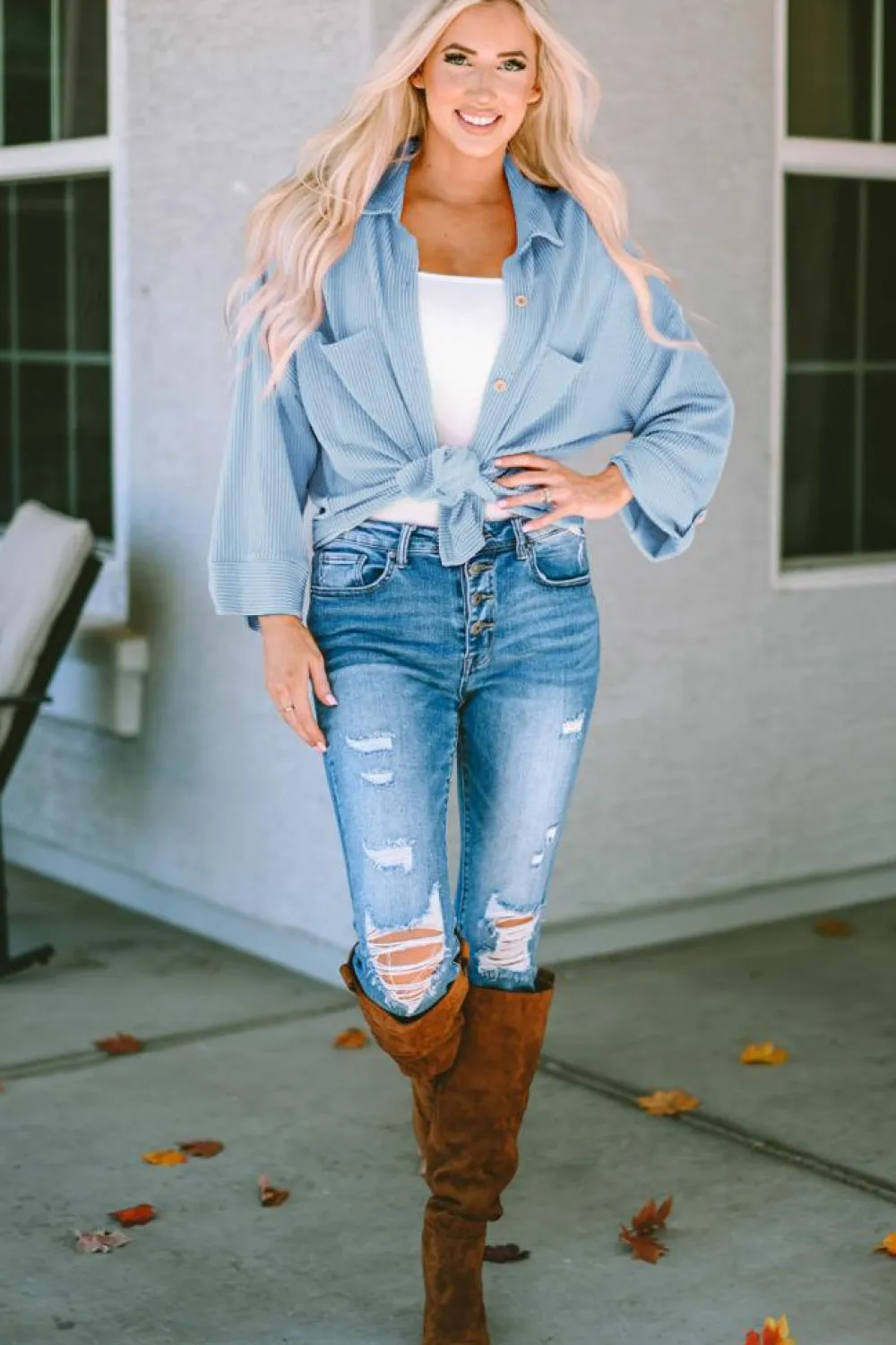 Sale Dear-Lover Roll Tab Sleeve Ribbed Cording Shacket Sky Blue