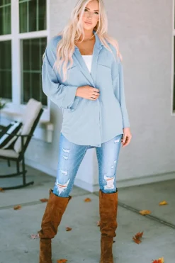 Sale Dear-Lover Roll Tab Sleeve Ribbed Cording Shacket Sky Blue