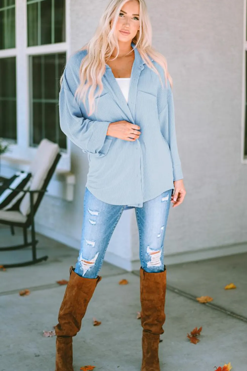 Sale Dear-Lover Roll Tab Sleeve Ribbed Cording Shacket Sky Blue