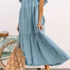 Hot Dear-Lover Ruffled Flutter Sleeve Square Neck Textured Tiered Maxi Dress Sky Blue