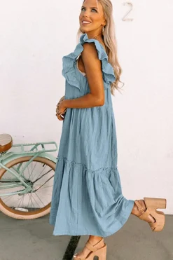 Hot Dear-Lover Ruffled Flutter Sleeve Square Neck Textured Tiered Maxi Dress Sky Blue