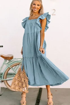 Hot Dear-Lover Ruffled Flutter Sleeve Square Neck Textured Tiered Maxi Dress Sky Blue