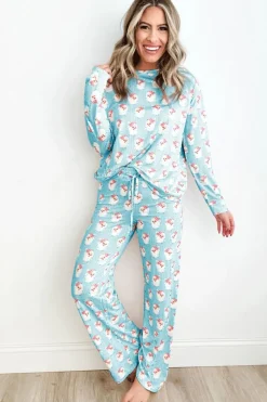 Hot Dear-Lover Santa Claus Striped Print Loose Fit Two Piece Lounge Set Sky Blue