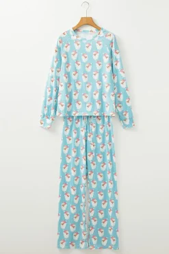 Hot Dear-Lover Santa Claus Striped Print Loose Fit Two Piece Lounge Set Sky Blue