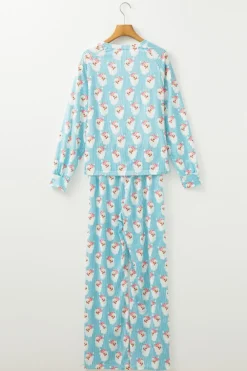 Hot Dear-Lover Santa Claus Striped Print Loose Fit Two Piece Lounge Set Sky Blue