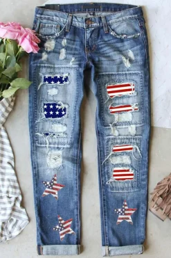 Fashion Dear-Lover Sequin American Flag Star Graphic Distressed Straight Jeans Sky Blue