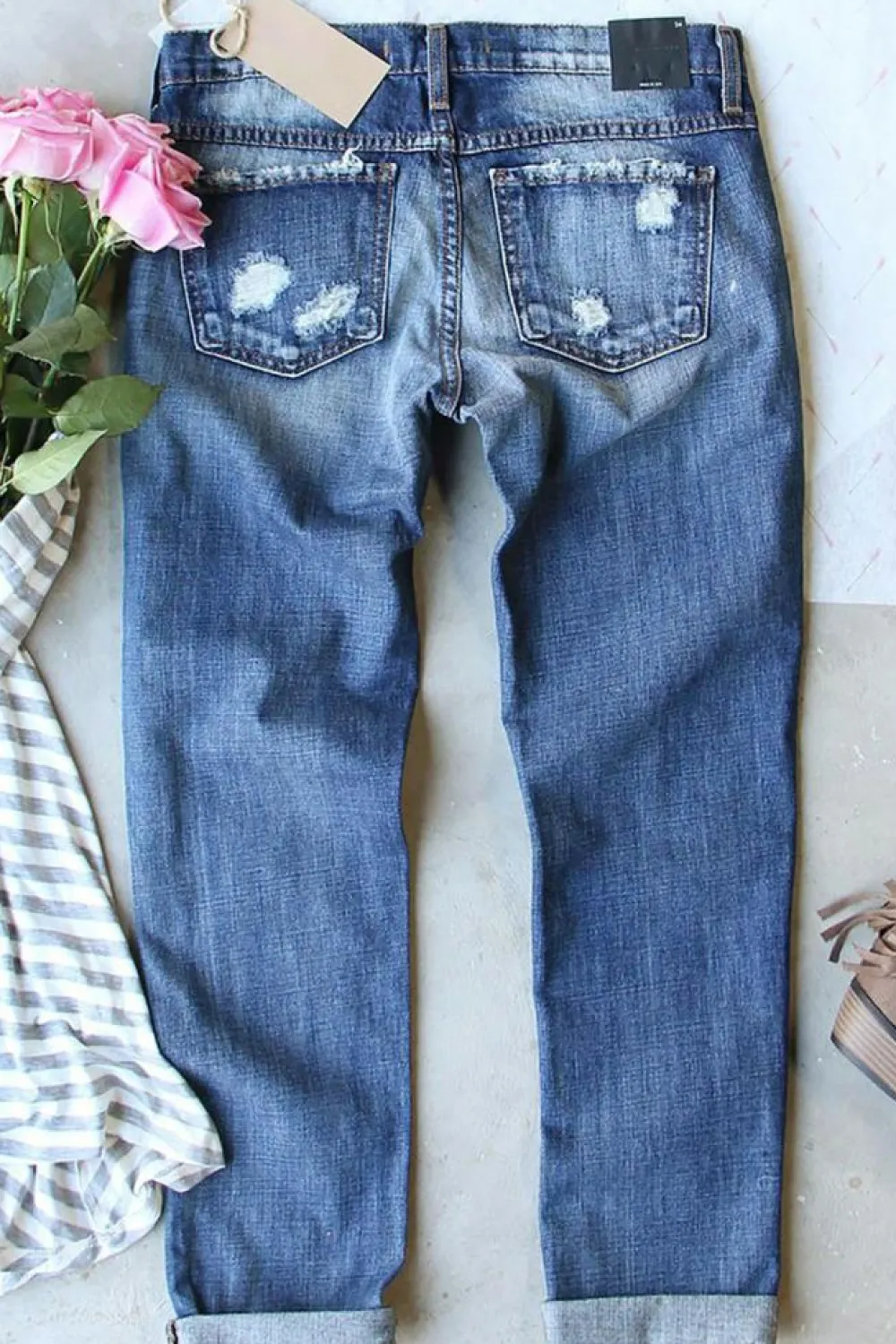 Fashion Dear-Lover Sequin American Flag Star Graphic Distressed Straight Jeans Sky Blue