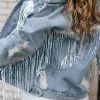 New Dear-Lover Sequin Embellished Fringe Distressed Denim Jacket Sky Blue