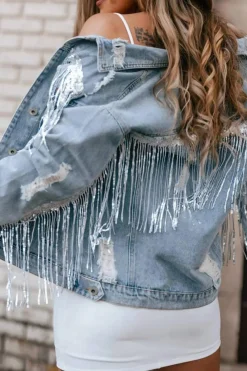New Dear-Lover Sequin Embellished Fringe Distressed Denim Jacket Sky Blue