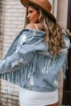New Dear-Lover Sequin Embellished Fringe Distressed Denim Jacket Sky Blue