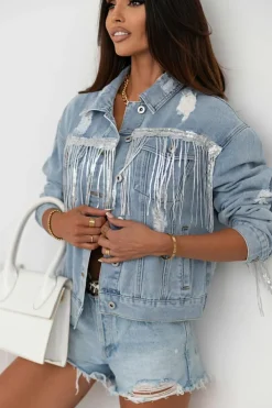 New Dear-Lover Sequin Embellished Fringe Distressed Denim Jacket Sky Blue