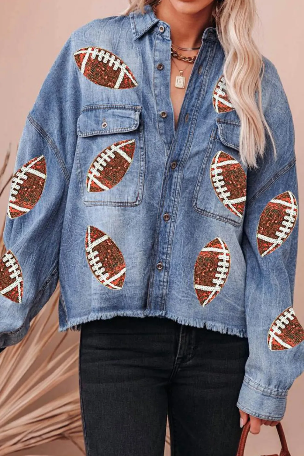 Outlet Dear-Lover Sequin Rugby Football Graphic Flap Pockets Raw Hem Game Day Denim Jacket Sky Blue