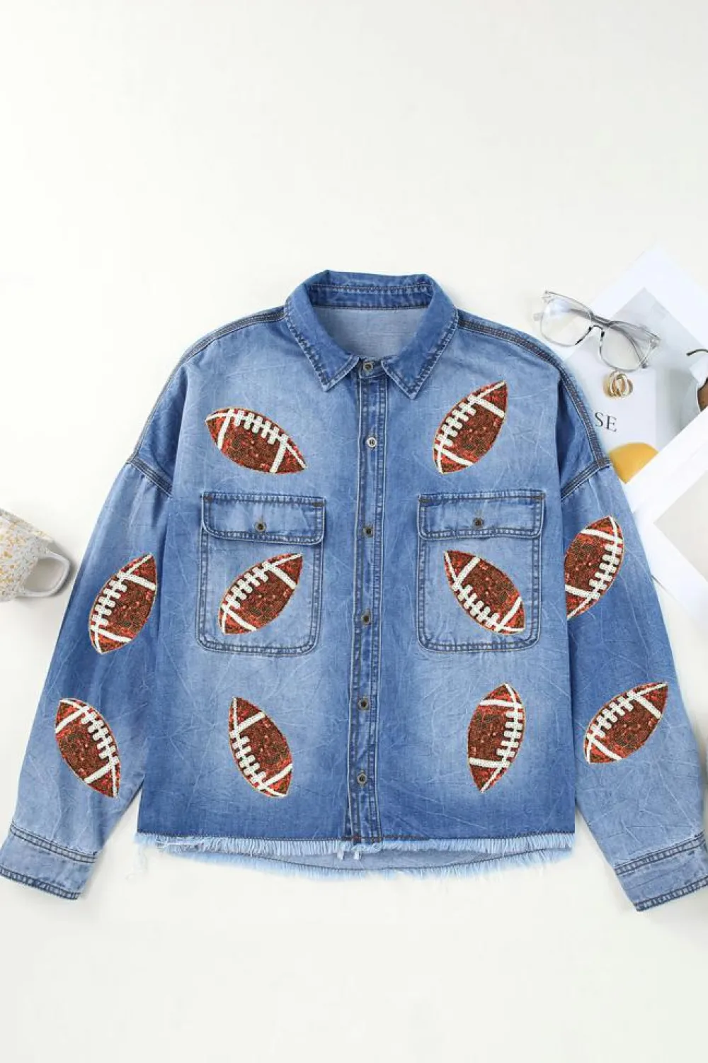 Outlet Dear-Lover Sequin Rugby Football Graphic Flap Pockets Raw Hem Game Day Denim Jacket Sky Blue