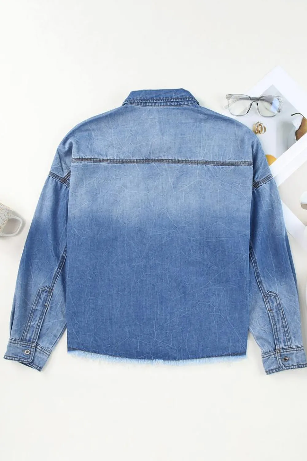 Outlet Dear-Lover Sequin Rugby Football Graphic Flap Pockets Raw Hem Game Day Denim Jacket Sky Blue