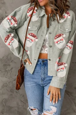 Online Dear-Lover Sequined Santa Claus Flap Pocket Corduroy Jacket Sky Blue