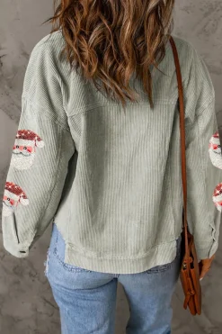 Online Dear-Lover Sequined Santa Claus Flap Pocket Corduroy Jacket Sky Blue
